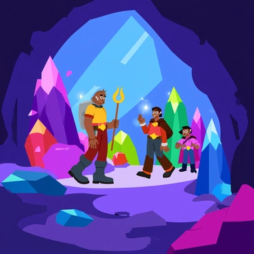 A group of adventurers, consisting of a tall warrior with shining armor, a nimble rogue with a hooded cloak, and a wise mage holding a glowing staff, navigate through a sparkling cavern. The cavern is filled with gigantic crystals of various colors, reflecting light in vibrant hues across the walls. The ground is uneven with glimmering stones scattered around, and the reflections create a mesmerizing pattern on the surfaces. The adventurers appear focused, exploring the marvels of the cavern as beams of light dance around them.