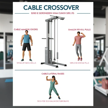 A fitness poster featuring a cable crossover machine prominently displayed in the center. On the left side, "Cable Crossovers" are illustrated with a strong person performing the exercise, their muscles defined, wearing a blue tank top and black shorts. On the right side, "Single Arm Cable Pulls" show another individual, also muscular, executing the movement with one arm, wearing a red shirt and gray leggings. Below, "Cable Lateral Raises" depict a person in a green workout outfit lifting cables to the side, their form precise and focused. Each exercise includes clear labels in bold font with a detailed description of the movement underneath. The background shows gym equipment and a mirrored wall, creating an energetic and motivating atmosphere.