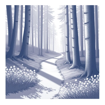 A narrow, winding path meanders through a dense forest filled with tall, vintage trees. The ground is covered with a mixture of leaves and soft earth. Wildflowers grow alongside the path, their shapes and textures vary, adding natural detail to the scene. Sunlight filters through the tree canopy, creating dappled patterns on the path. The overall composition captures the essence of a tranquil forest environment.