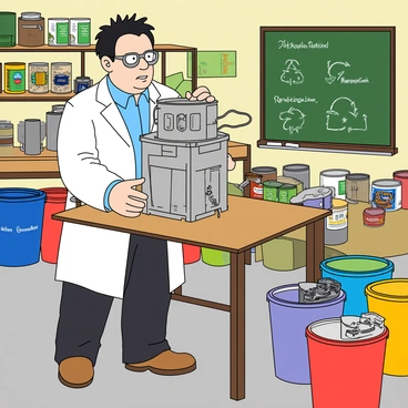 A middle-aged inventor with glasses and messy black hair is standing in a bright laboratory filled with various tools and equipment. He is wearing a white lab coat over a blue shirt and black pants. In front of him is a large workbench cluttered with wires, cans, and small mechanical parts. He is holding a shiny metallic device with multiple compartments and buttons, looking intently at it as if he is making final adjustments. Several colorful recycling bins are positioned around the lab, each labeled with different materials. A chalkboard in the background is filled with diagrams and notes about recycling methods. The inventor's expression is focused and determined.