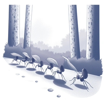 A line of ants marching in a single file along a forest trail. Each ant is carrying a leaf that is larger than its body, showcasing their strength and determination. The trail is surrounded by tall trees with textured bark and dense foliage in the background. Sunlight filters through the leaves, creating intricate patterns on the ground where the ants march. The scene captures the ants’ teamwork and the vibrant life of the forest environment.