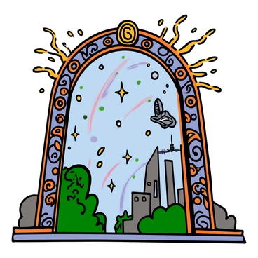 A time travel gate stands tall, its ornate edges glowing with vibrant energy. The gate is framed in intricate metalwork, with swirling patterns and symbols that hint at its otherworldly function. Within the archway, glowing sparks dance energetically, casting a kaleidoscope of colors. On one side, glimpses of a lush, green prehistoric landscape with dinosaurs can be seen, while on the other, futuristic cityscapes with sleek buildings and flying vehicles emerge. The atmosphere is electric, filled with a sense of mystery and adventure as the gate connects different eras.