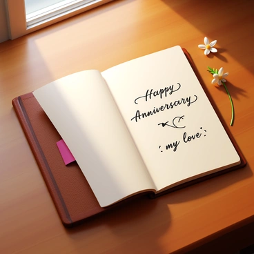 A journal with a textured leather cover, lying open on a wooden surface. The page is filled with elegant, cursive handwriting that reads "Happy Anniversary, my love" in dark ink. The note is accompanied by small decorative hearts and swirls in the margins. A soft, warm light filters through a nearby window, casting gentle shadows across the page. A delicate, pressed flower is tucked into the journal, adding a touch of color and romance to the scene.