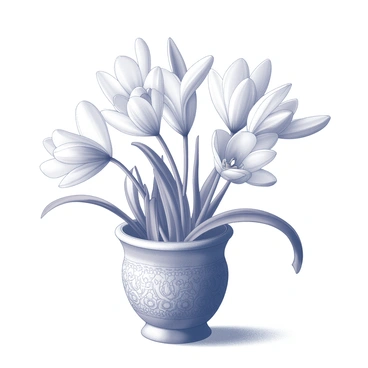 An elegant floral arrangement is displayed, featuring a variety of crocus flowers. The flowers are arranged in a decorative pot that has intricate patterns. Each crocus flower has distinct shapes and sizes, showcasing their delicate petals. The pot is set on a flat surface, highlighting the texture of the arrangement. The scene captures the essence of spring with the vibrant blooms arranged artistically.