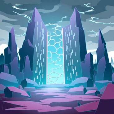 A chaotic landscape filled with jagged, sharp-edged rocks that tower over the ground, each casting long shadows. Swirling winds create visible currents of dust and debris, giving a sense of movement and turbulence throughout the scene. At the center, a large, pulsating gate made of metallic and crystalline materials emits a soft, glowing light. The gate's surface is adorned with intricate, glowing patterns that seem to ripple and shift as it pulses. Dark clouds swirl above, enhancing the dramatic atmosphere of the landscape.