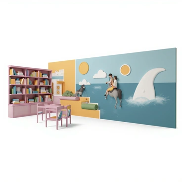 A library wall featuring a colorful mural that showcases famous scenes from classic literature. The mural includes "Don Quixote" on his horse, tilting at windmills, alongside "Moby Dick" with the great white whale breaching the ocean. "Pride and Prejudice" is represented with Elizabeth Bennet and Mr. Darcy in their iconic poses. The vibrant colors of the mural complement the library's interior, creating a visually striking focal point.