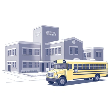 A large school building with multiple stories and a prominent entrance. The architecture features tall windows and a brick exterior. In front of the school, a yellow school bus is parked, showcasing its distinctive shape and design. The bus has large windows and an open door, indicating that students may have just exited or are about to board. The scene is set during the day with visible sidewalks and grassy areas around the school building.