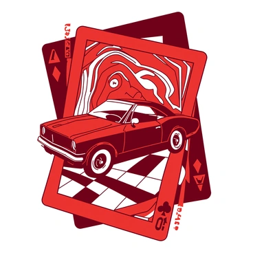 A red playing card features a classic car in the center, showcasing its sleek curves and chrome details. The car is depicted in profile, with its windows slightly tinted and shiny wheels reflecting light. Surrounding the car are vibrant 70s patterns in contrasting colors, creating a dynamic background. The patterns include bold geometric shapes and swirling lines that evoke a sense of movement and energy. The edges of the playing card are adorned with decorative borders, enhancing the retro aesthetic.