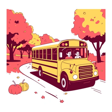 A yellow school bus is driving along a winding road surrounded by trees with vibrant orange and red autumn leaves. The leaves are falling gently from the branches, creating a colorful carpet on the ground. The bus has its lights on, and there are a few windows open, revealing students looking out excitedly at the scenery. In the background, there are more trees with a mix of colors, enhancing the autumn atmosphere. The sky is clear, providing bright daylight that adds warmth to the scene.