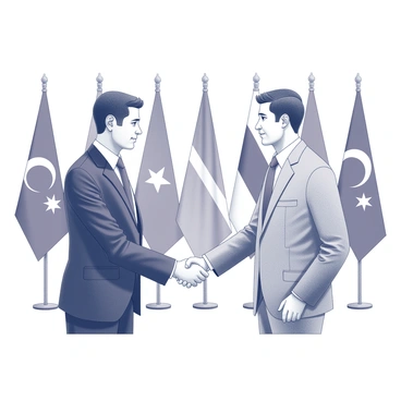 Two diplomats are standing facing each other, their hands clasped in a firm handshake. The first diplomat is wearing a dark suit with a white shirt and a neatly tied tie. The second diplomat is dressed in a light-colored suit, contrasting with his partner. Behind them, a display of various world flags is prominently arranged, symbolizing international unity and diplomacy. The scene conveys a sense of formality and significance, capturing the moment of agreement between the two representatives.