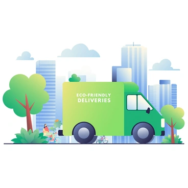 An electric delivery truck with a bright green body is driving through a vibrant city filled with greenery. The truck has large windows and a sleek design, with the text "Eco-Friendly Deliveries" displayed on the side. Around the truck, there are several trees with lush leaves and various types of plants lining the streets. In the background, modern buildings made of glass and steel reflect the sunlight. A few bicycles and pedestrians can be seen enjoying the city, emphasizing the eco-friendly atmosphere. The sky above is clear with a few fluffy white clouds.
