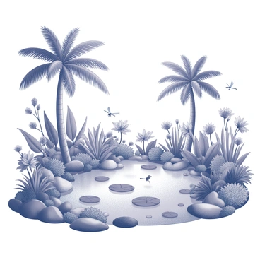 A botanical garden filled with a variety of exotic plants. The garden features tall palm trees with broad fronds, large-leaved tropical plants, and vibrant blossoms. A tranquil pond is situated in the center, reflecting the surrounding greenery. The pond is surrounded by smooth stones and has lily pads floating on its surface. Dragonflies can be seen hovering above the water, while various birds perch on nearby branches, adding to the serene atmosphere of the garden.
