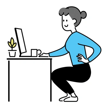 An office worker, wearing a blue shirt and black pants, is taking a break from work. They are in a typical office environment, with a desk and computer in the background. The worker is positioned next to the desk, performing squats. Their posture is upright, and their hands are placed on their hips for balance. There is a potted plant on the desk, adding a touch of greenery to the workspace. A coffee mug sits beside the computer, indicating a casual break.
