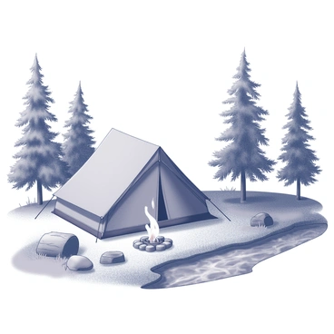 A tent pitched by a stream in the wilderness with a campfire nearby