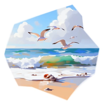 A tranquil ocean scene featuring gentle waves lapping at the shore. The water is a deep blue, reflecting the sunlight, with white frothy edges on the waves. Several seagulls are soaring above the waves, their wings outstretched and gliding gracefully through the air. The beach is sandy and smooth, with some scattered seashells along the shoreline. The sky is clear with a few fluffy clouds, creating a peaceful atmosphere. This scene is captured on a 1/16 illustration board, emphasizing the vibrant colors and details of the ocean and the birds.