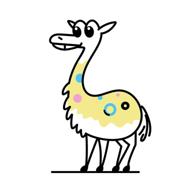 A chameau with an elongated neck and oversized features, standing on a plain surface. The chameau has exaggerated, large eyes and a wide grin. Its body is adorned with various vibrant patterns, including swirls and geometric shapes. The legs are short and stubby, emphasizing its playful proportions. The background is minimalistic, focusing on the chameau as the central figure.