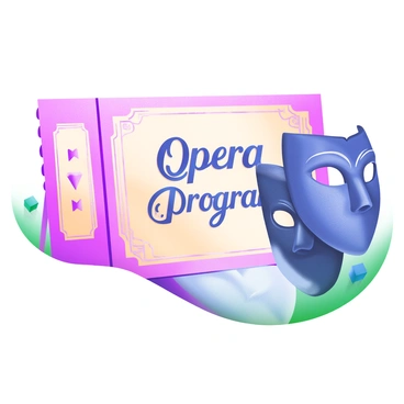 A close-up of an opera program ticket displaying the words "Opera Program" in elegant, swirling calligraphy. The ticket is framed by ornate borders in soft pastel colors. On one side, there is a dramatic illustration of a theatrical mask, showcasing intricate details and shadows, designed to evoke a sense of performance. The background features subtle patterns that enhance the ticket's elegance without overpowering the main elements.