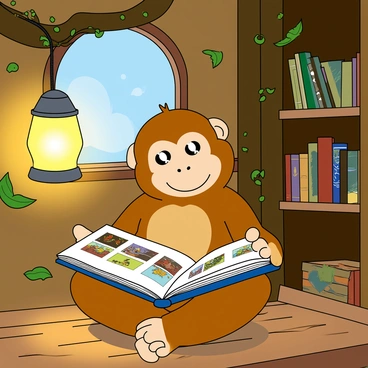 A small monkey with light brown fur and a playful expression is sitting cross-legged on the wooden floor of a cozy treehouse. The monkey is holding an open storybook with colorful illustrations. Its big, curious eyes are focused on the pages. To the left, a glowing lantern hangs from a branch, casting a warm yellow light that illuminates the treehouse's interior. The walls of the treehouse are adorned with vines and shelves filled with various books and small treasures. Outside the window, a few leaves can be seen rustling in the gentle breeze.