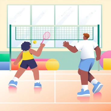 Two friends, a girl with dark curly hair wearing a bright yellow tank top and black shorts, and a boy with short brown hair dressed in a white t-shirt and blue athletic pants, are playing badminton inside a gym. The wooden floor reflects the overhead lights, creating a warm ambiance. Raindrops are visible against the windows, with streaks running down the glass. In the background, a green badminton net is set up, and colorful gym equipment is neatly arranged along the walls. One friend is mid-swing, ready to hit the shuttlecock, while the other is positioned to receive it, displaying focus and determination.