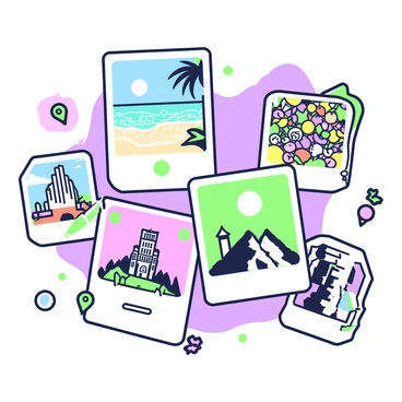 A vibrant collage of polaroid photos displayed on a textured background. Each photo captures a different travel destination. The first photo features a scenic beach with soft waves and palm trees. Next, there is an image of a bustling market filled with colorful fruits and local products. Another polaroid shows a famous landmark, like a grand castle under a clear sky. A fourth photo displays a mountain range with snow-capped peaks and a bright sun. Scattered around the polaroids are small decorative elements like map pins and travel stickers, adding to the theme of exploration.