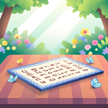 A Ouija board is placed on a wooden table in the center of a vibrant garden filled with colorful flowers. The board has intricate designs along its edges and letters clearly marked in a classic font. Surrounding the board, several delicate butterflies with varying patterns and colors are fluttering gracefully. Sunlight filters through the leaves of nearby trees, casting gentle dappled shadows on the table. In the background, lush greenery and blooming flowers create a lively atmosphere, enhancing the overall scene.