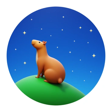 A capybara sitting on a grassy hilltop, looking up at the stars. The clear night sky is filled with numerous bright stars sparkling against the deep blue backdrop. The capybara's fur is light brown, with its round body and small ears visible as it gazes into the vastness above. The hilltop is gently sloping, covered with lush green grass, adding a natural touch to the peaceful scene.