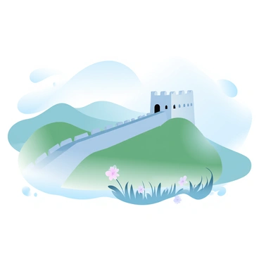 The Great Wall is stretching across the landscape, its ancient stones visible through a thick blanket of morning fog. The fog swirls around the wall, creating an ethereal atmosphere and softening the contours of the structure. Lush green hills surround the wall, partially obscured by the mist. In the foreground, a few wildflowers are blooming, adding subtle color to the scene. The overall ambiance is tranquil, with the mist creating a sense of stillness and serenity around the iconic monument.