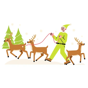 A cheerful elf with bright green attire and pointy ears is smiling as he leads a group of playful reindeer. The elf holds a red leash attached to one of the reindeer while waving to the others, who are playfully prancing around him. The snowy landscape is blanketed in white, with snowflakes gently falling from the sky. Pine trees with frosted branches are visible in the background, adding to the wintery scene. The reindeer, with their brown fur and white patches, appear lively and spirited as they hop through the snow.