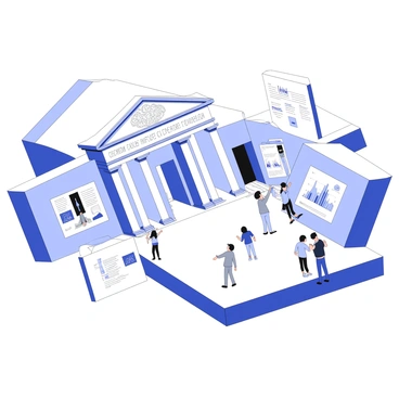 A grand museum is depicted, showcasing its elaborate architecture with tall columns and intricate carvings on the facade. Inside, large open spaces are filled with interactive exhibits that engage visitors. Each exhibit features touch screens and digital displays, prompting visitors to interact with them. Alongside the exhibits, data is being visualized on screens, showing visitor statistics and engagement metrics. Groups of visitors are seen exploring the space, some pointing at the exhibits while others are absorbed in the digital content. The layout emphasizes the blend of physical and digital experiences.