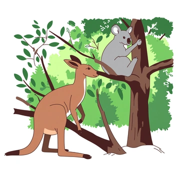 A brown kangaroo is standing beside a gray koala sitting comfortably on a eucalyptus tree branch. The kangaroo looks curiously at the koala, who is munching on eucalyptus leaves. Sunlight filters through the dense green foliage of the eucalyptus forest, casting dappled shadows on the ground. The scene captures a tranquil atmosphere as the two animals enjoy their time together amidst the tall, slender eucalyptus trees.