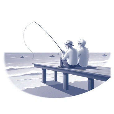 An elderly couple fishing off a quiet pier with a calm ocean backdrop