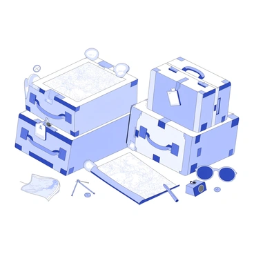 A travel scene is set with several pieces of luggage stacked neatly. Each suitcase has visible zippers and tags attached, indicating travel destinations. Next to the luggage, there are several unfolded maps laid out, showcasing various routes and landmarks. A collection of travel accessories, such as a compass, a camera, and sunglasses, are arranged nearby. The composition suggests readiness for an adventure, with everything organized and easily accessible for the journey ahead.
