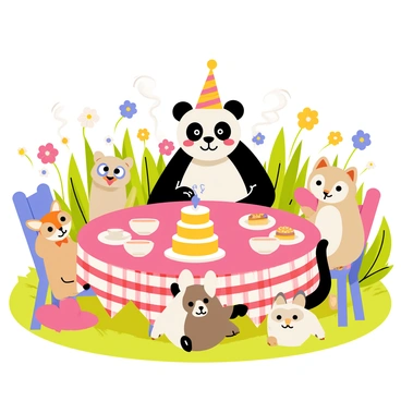 A panda bear wearing a colorful party hat is hosting a whimsical tea party in a vibrant garden. The panda is seated at a round table decorated with a red and white checkered tablecloth. Surrounding the table are various animal friends, including a cheerful rabbit with long ears, a wise owl perched on a chair, and a playful fox wearing a small bowtie. Each animal has a teacup in front of them, with steam rising from the cups. The garden is filled with colorful flowers and bright green grass, creating a lively atmosphere. A tiered cake with frosting sits in the center of the table, surrounded by plates of assorted pastries.