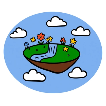 A floating island in the sky surrounded by fluffy white clouds. The island features a small, clear waterfall cascading down its edge, with sparkling water catching the sunlight. Brightly colored flowers in shades of red, yellow, and blue bloom all over the island, adding vibrant splashes of color. The grass on the island is lush and green, creating a picturesque, tranquil scene amidst the endless blue sky.