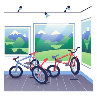A corner of a shop displays several rugged mountain bikes in various colors and designs. The bikes are positioned upright on stands, showcasing their sturdy frames and thick tires. Behind the bikes, multiple large posters feature breathtaking mountain landscapes with snow-capped peaks and lush green valleys. The posters are mounted on the wall and create an immersive outdoor atmosphere. The shop's floor is made of dark wood, adding a warm contrast to the vibrant colors of the bikes and posters. Bright overhead lights illuminate the scene, highlighting the details of the bikes and the stunning imagery of the mountains.