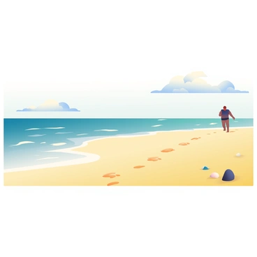 A wide beach scene is depicted with soft golden sand stretching across the foreground. The ocean water is visible in the background, transitioning in color from deep blue to lighter turquoise as the tide comes in and out. Gentle waves are lapping at the shore, leaving behind glistening wet patches on the sand. In the distance, a few fluffy white clouds are scattered in the sky, reflecting the sunlight. Small seashells and pieces of driftwood are scattered along the beach, creating added visual interest. A distant silhouette of a person walking along the water's edge is seen, their footprints trailing behind in the wet sand.