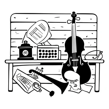 A collection of vintage musical instruments including a violin, an old gramophone, and a trumpet arranged on a rustic wooden table. The background consists of weathered wood planks, enhancing the antique feel. There are sheets of music scattered around the instruments, and a small metronome is placed beside the violin. The overall composition gives a sense of nostalgia and history.