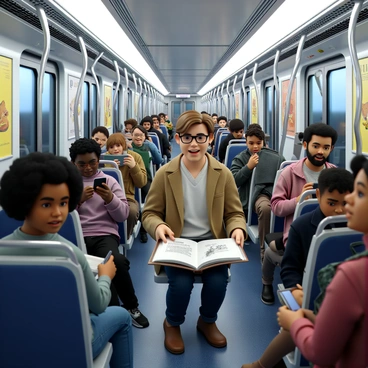 An artist with light brown hair and glasses is seated in a metro car, focused on sketching the passengers around them. The metro car is filled with a diverse group of people, showcasing a range of ethnicities and ages. To the left, a woman with curly black hair is reading a book, deeply immersed in the story. In the center, a middle-aged man with a beard is scrolling through his phone, occasionally glancing up at other passengers. On the right, a young girl with pigtails is smiling and playing with a toy. The walls of the metro car are adorned with advertisements and the lighting is cool and fluorescent, casting a bright glow over the scene. The artist's sketchbook is open, filled with preliminary drawings that reflect the unique personalities of the passengers.