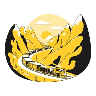 A cargo train traveling through a mountain pass at sunrise with colorful sky