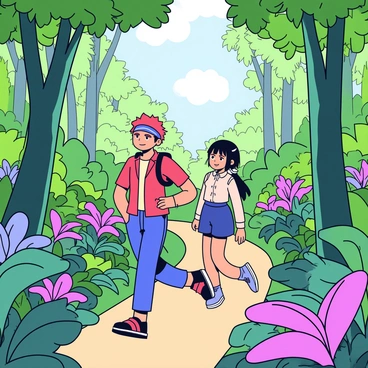 Zoro is walking confidently through a dense jungle, surrounded by tall green trees and thick foliage. He is wearing his signature bandana and has a determined expression on his face. Nami follows closely behind, looking around with curiosity as she navigates the winding path. Brightly colored tropical flowers peek through the greenery. Sunlight filters through the leaves above, creating patches of light on the forest floor.