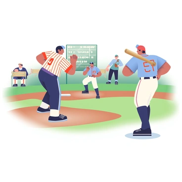 A retro-style baseball game is taking place on an old field with a worn dirt infield and green grass surrounding it. Players are wearing vintage uniforms with bold stripes and classic team logos. The pitcher, a tall man with short dark hair, is winding up on the mound wearing a white shirt with red accents and navy blue pants. Behind him, the catcher is crouched in a blue and white uniform, receiving signals. The batter, an athlete with an old-fashioned cap, stands at home plate ready to swing his wooden bat. Spectators in the background are dressed in period-appropriate clothing, with some holding classic wooden benches. A scoreboard behind the outfield displays vintage-style numbers, adding to the nostalgic atmosphere of the scene.