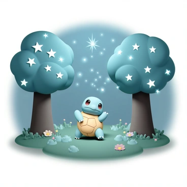 A Squirtle, with its light blue shell and large, expressive eyes, is wandering through a mystical forest. The trees surrounding it have thick trunks and are topped with crowns made of twinkling stars, casting a soft glow around the area. The ground is covered in lush, green moss, and small, colorful flowers peek through the foliage. The Squirtle is curiously looking around, with one of its front flippers raised slightly as if reaching out to touch a nearby sparkling star. The atmosphere is filled with magical light as the stars twinkle above, illuminating the enchanted scene.