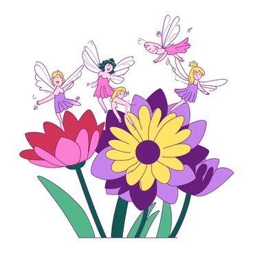 A close-up view of vibrant flowers in full bloom, showcasing a variety of colors and intricate details of their petals. Among the petals, delicate illustrated fairies with translucent wings are dancing gracefully. The fairies are depicted in different poses, some hovering above the flowers while others are perched on colorful petals. The scene captures the enchanting interaction between the fairies and the flowers, with the fairies' playful expressions adding a whimsical touch to the vibrant floral arrangement.