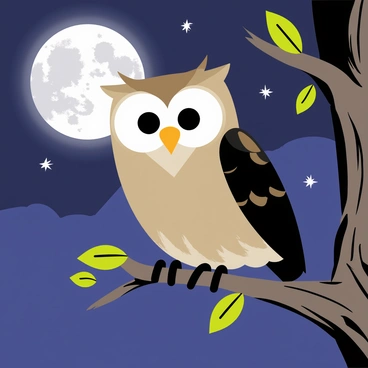 A wise owl with large, expressive eyes and intricate feather patterns is perched silently on a gnarled tree branch. The owl’s feathers are a mix of brown and gray, blending with the tree bark. A full moon casts a silvery glow in the night sky, illuminating the scene. Soft shadows are created by the moonlight, enhancing the texture of the owl's feathers and the surrounding leaves. The background features a few twinkling stars scattered across a deep blue sky.