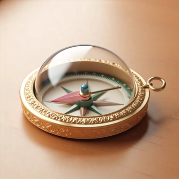 A close-up view of an ornate compass resting on a wooden surface. The compass features a brass casing adorned with intricate engravings, showcasing swirling patterns and floral designs. The decorative needle is finely crafted, with a vibrant red tip that stands out against the polished background. The compass glass is clear, revealing a beautifully designed dial with cardinal direction markings. Soft light reflects off the metallic surface, highlighting the detailed craftsmanship of the compass.