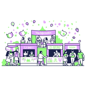 A vibrant multicultural festival scene is set in an open plaza. There are several booths arranged in a semi-circle, each decorated with flags from different countries, displaying colorful banners. The first booth features a large banner that reads “Visa Information” in bold letters, and it is adorned with images of landmarks from that country. Visitors of various ethnic backgrounds are gathered around the booths, actively engaging with representatives who are providing information. In the background, a stage is visible where performers are showcasing traditional dances, adding to the lively atmosphere. Colorful decorations and balloons float above the booths, enhancing the festive spirit.