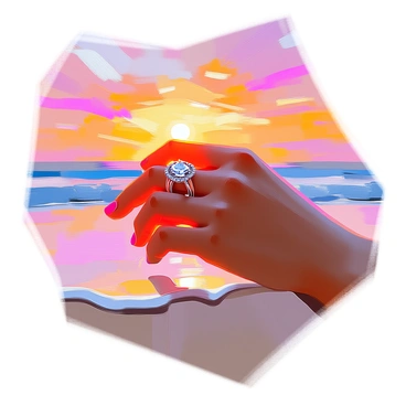 A close-up of a hand with an engagement ring against a colorful sunset on the beach