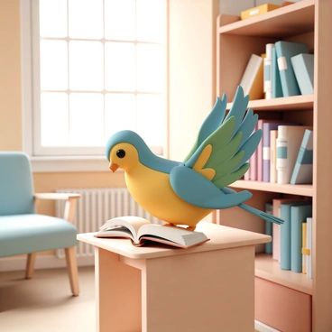 A big bird reading a book in a cozy library surrounded by shelves