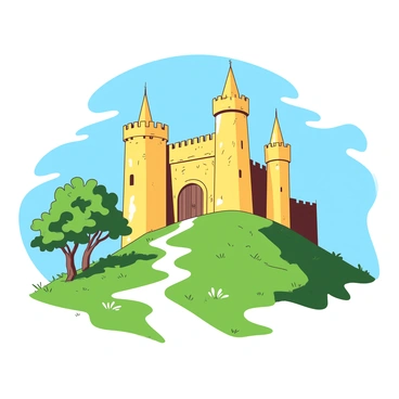 A yellow fortress with tall stone walls is situated atop a green hill. The fortress features multiple towers with pointed roofs, and its entrance is adorned with a large wooden door. Sunlight casts strong shadows, highlighting the textures of the stone. Surrounding the fortress, there are patches of grass and a few trees with lush green leaves, creating a peaceful atmosphere. The clear blue sky provides a bright backdrop, emphasizing the fortress's presence as a stronghold providing a sense of security.
