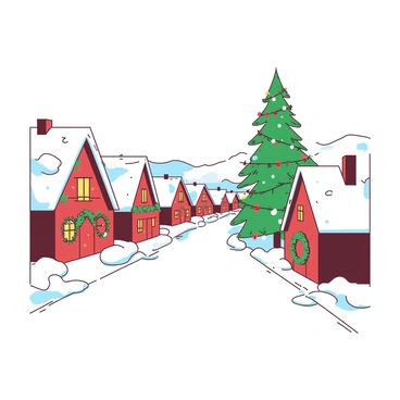 A white street in a snow-covered village is lined with charming houses adorned with colorful garlands. Each house has a snow-covered wreath hanging on the door. The ground is blanketed in fresh, soft snow, and delicate snowflakes are falling gently from the sky. Twinkling lights are strung along the rooftops, adding a festive glow to the scene. In the distance, a tall evergreen tree stands proudly, its branches heavy with snow and decorated with more vibrant garlands.